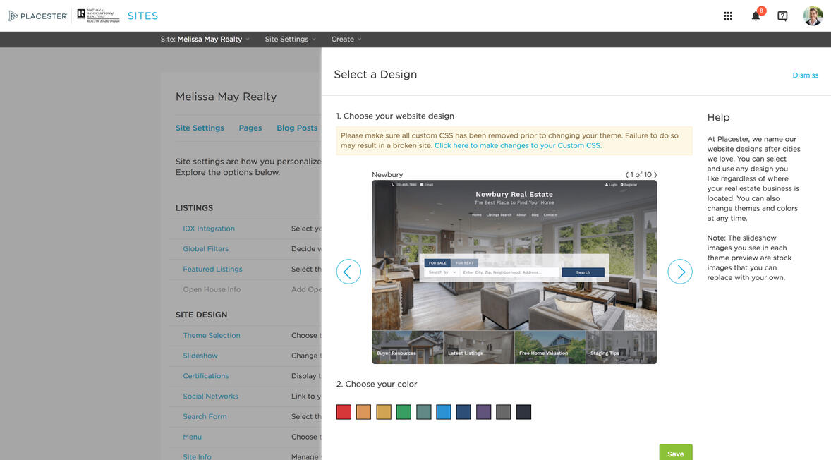 Site selector with warning